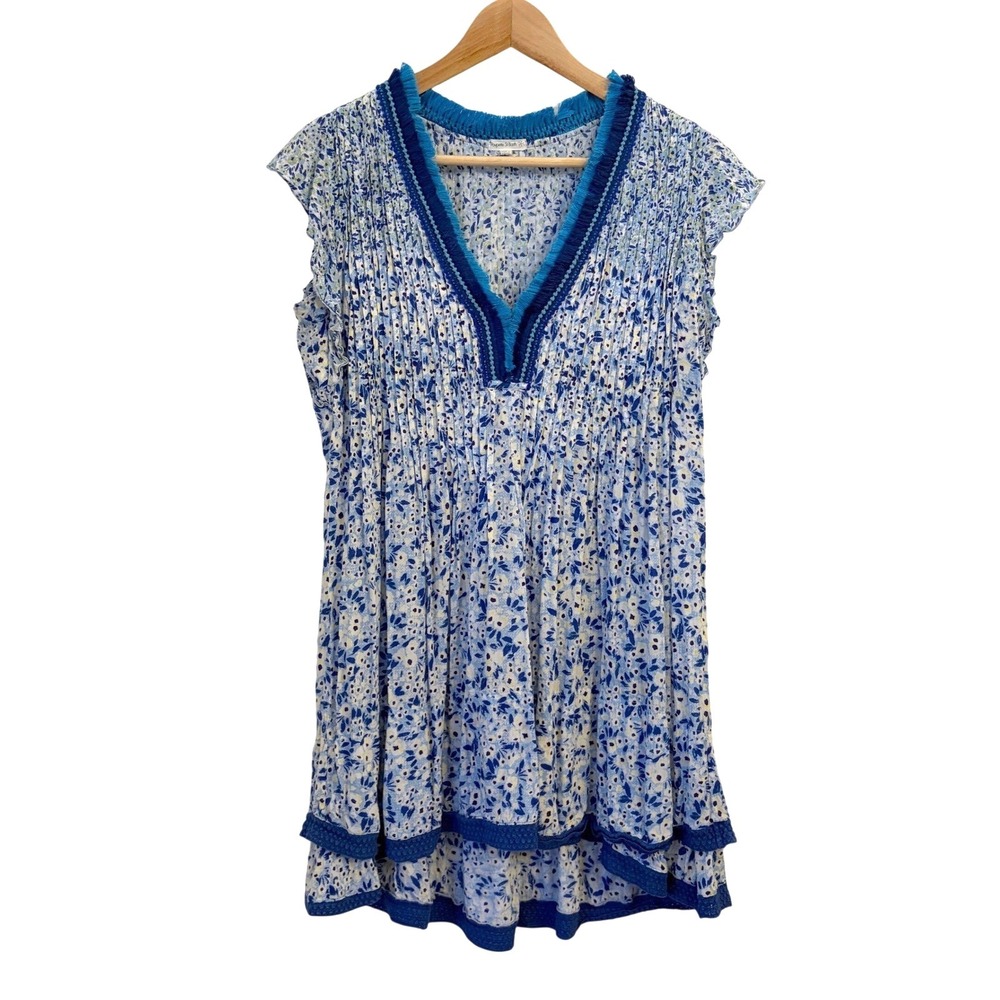 Poupette St Barth Sasha Mini Dress M Blue Floral Boho Fringe Lace Coverup Beach
